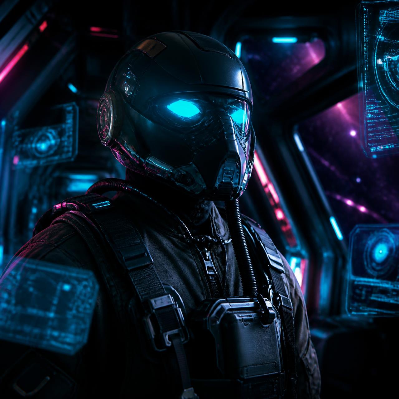 Wingman AI co-pilot in a neon-lit cockpit