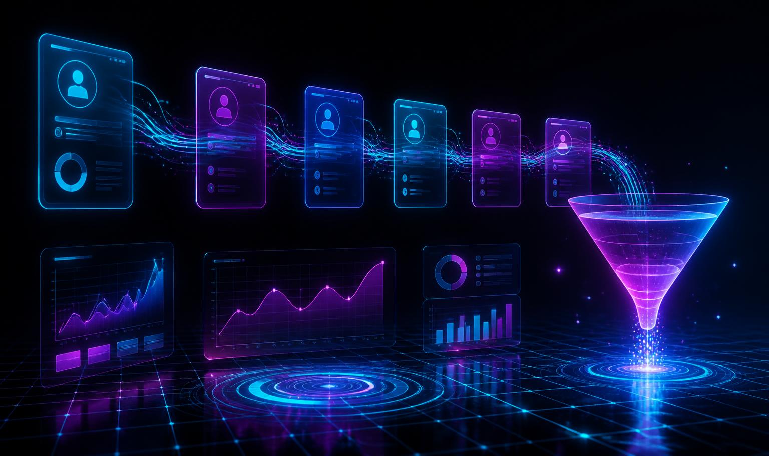 Holographic Wingman dashboard showing CRM pipeline cards, conversion charts and a sales funnel